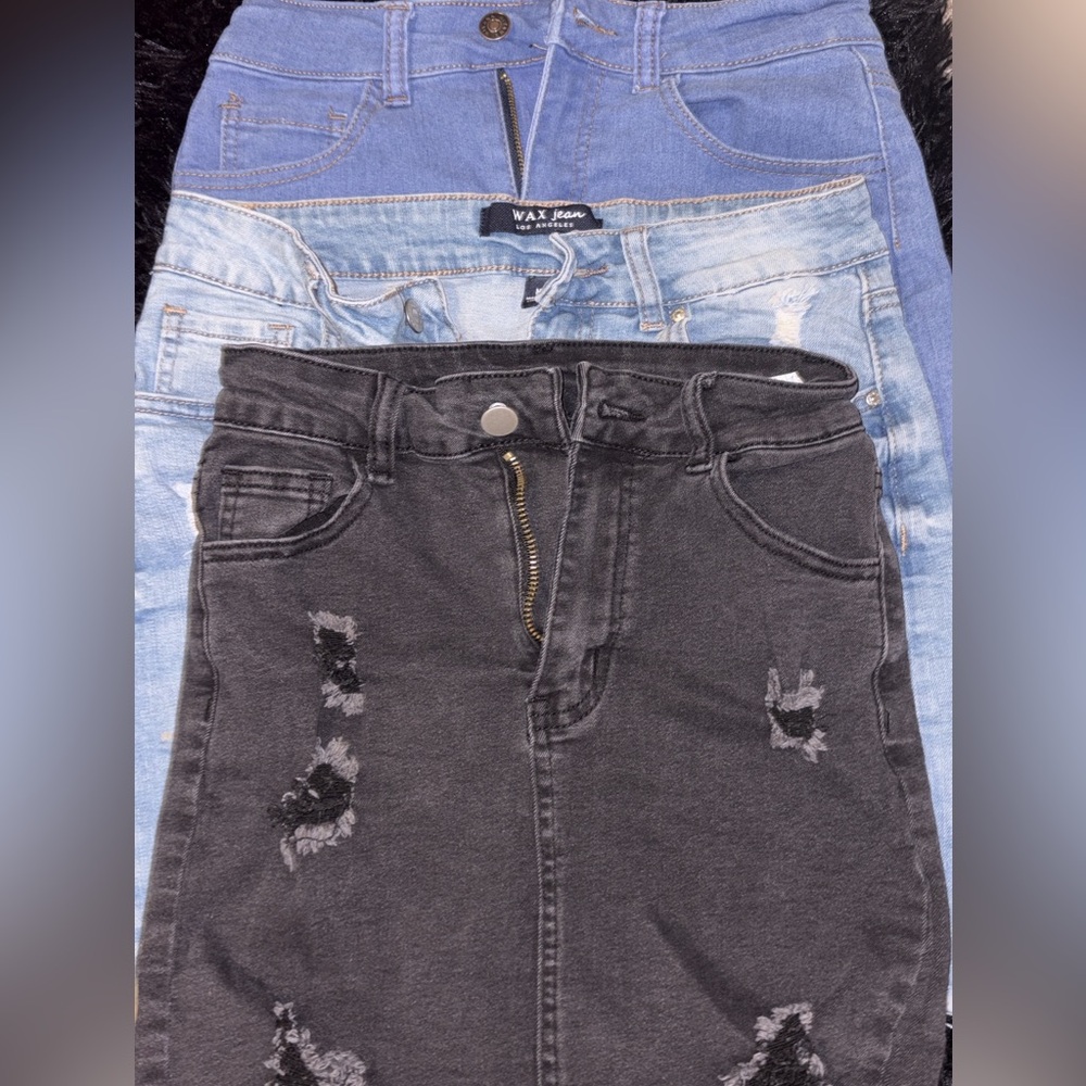 Wax Jean Black Distressed Denim Skirt with Layered Blue Wash